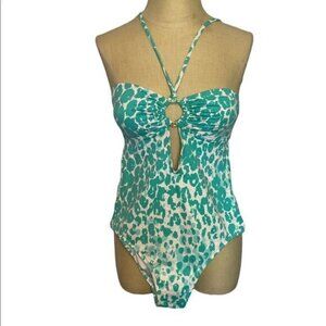 Milly Cabana‎ Women Size P (0-2) Halter 1pc Swimsuit Ring Detail In Aqua Leopard